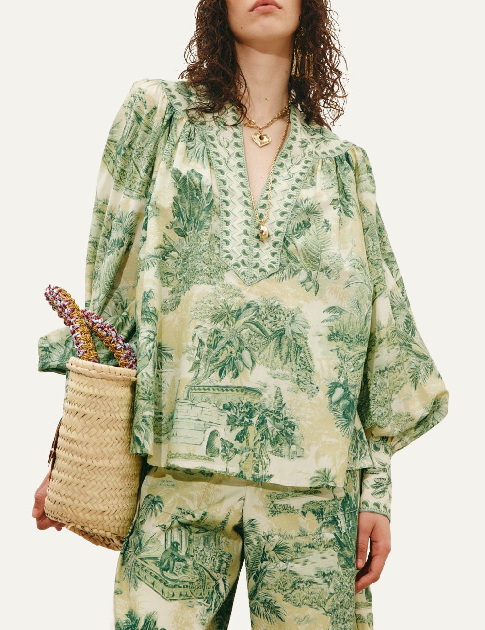 Alemais Sara blouse green tropical print long sleeve front model view