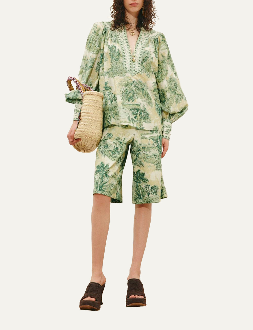 Alemais Sara blouse green tropical print long sleeve front full body view