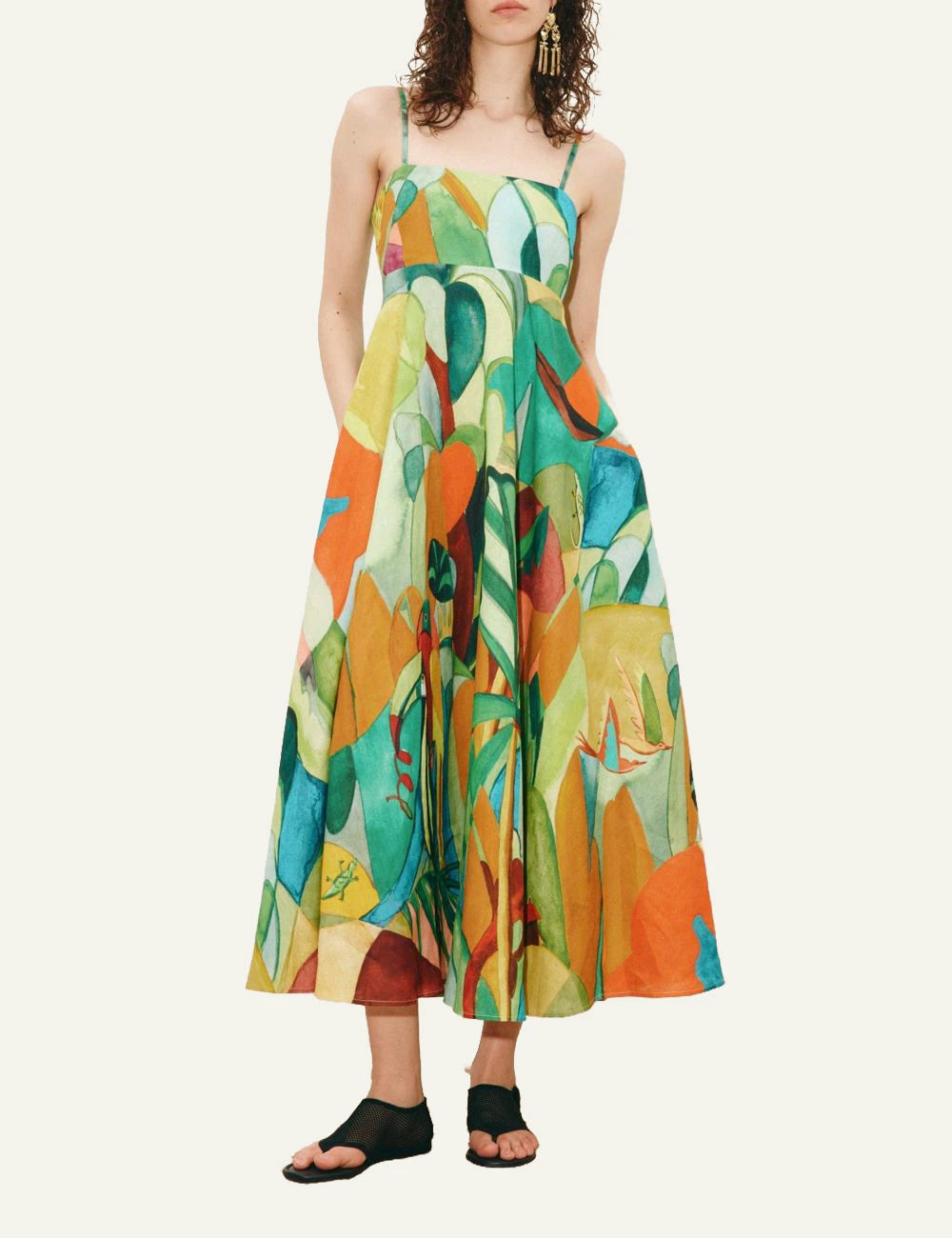 Alemais Mokshini midi sundress colorful tropical print front model view