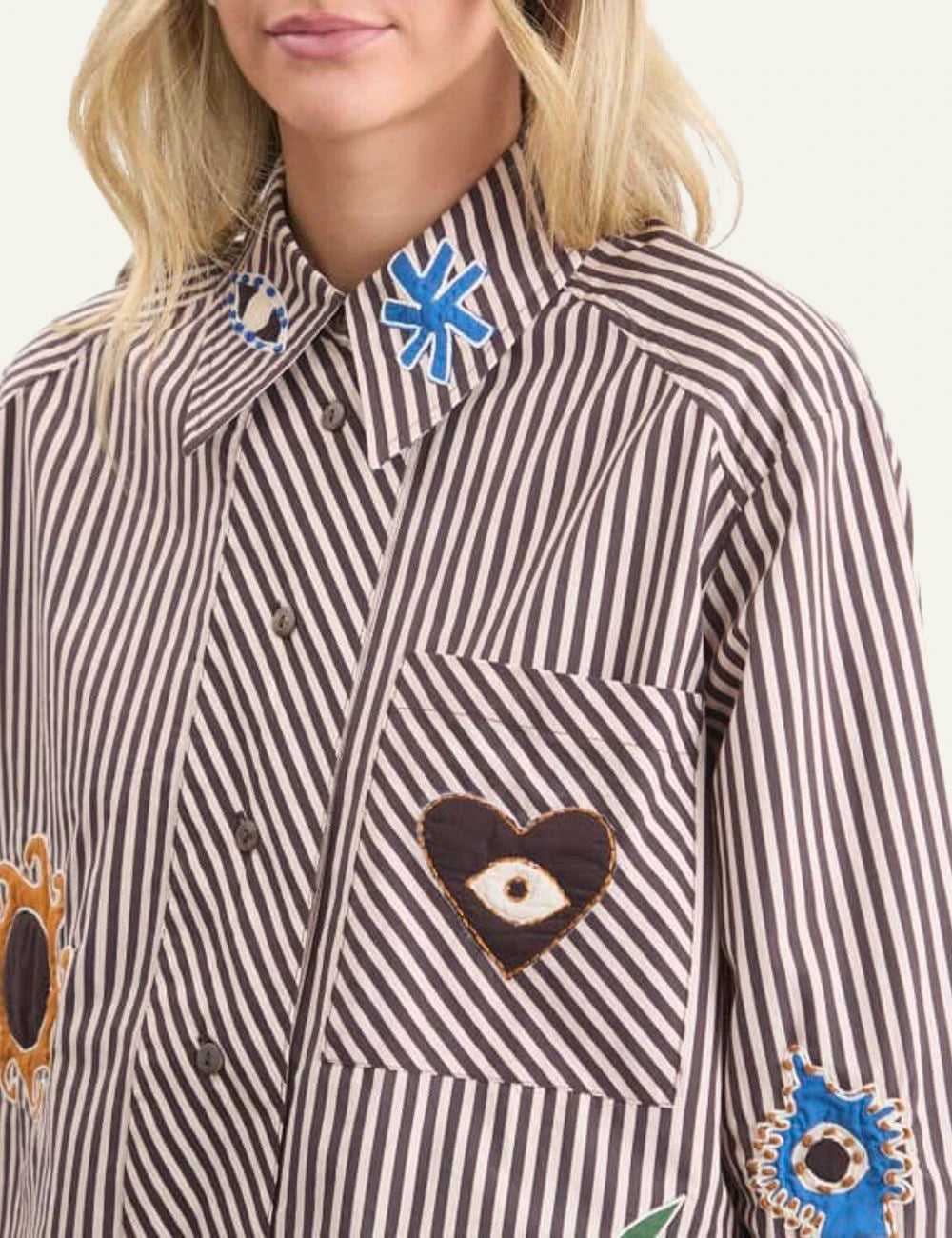 Alemais striped shirt embroidered patches brown white detail view