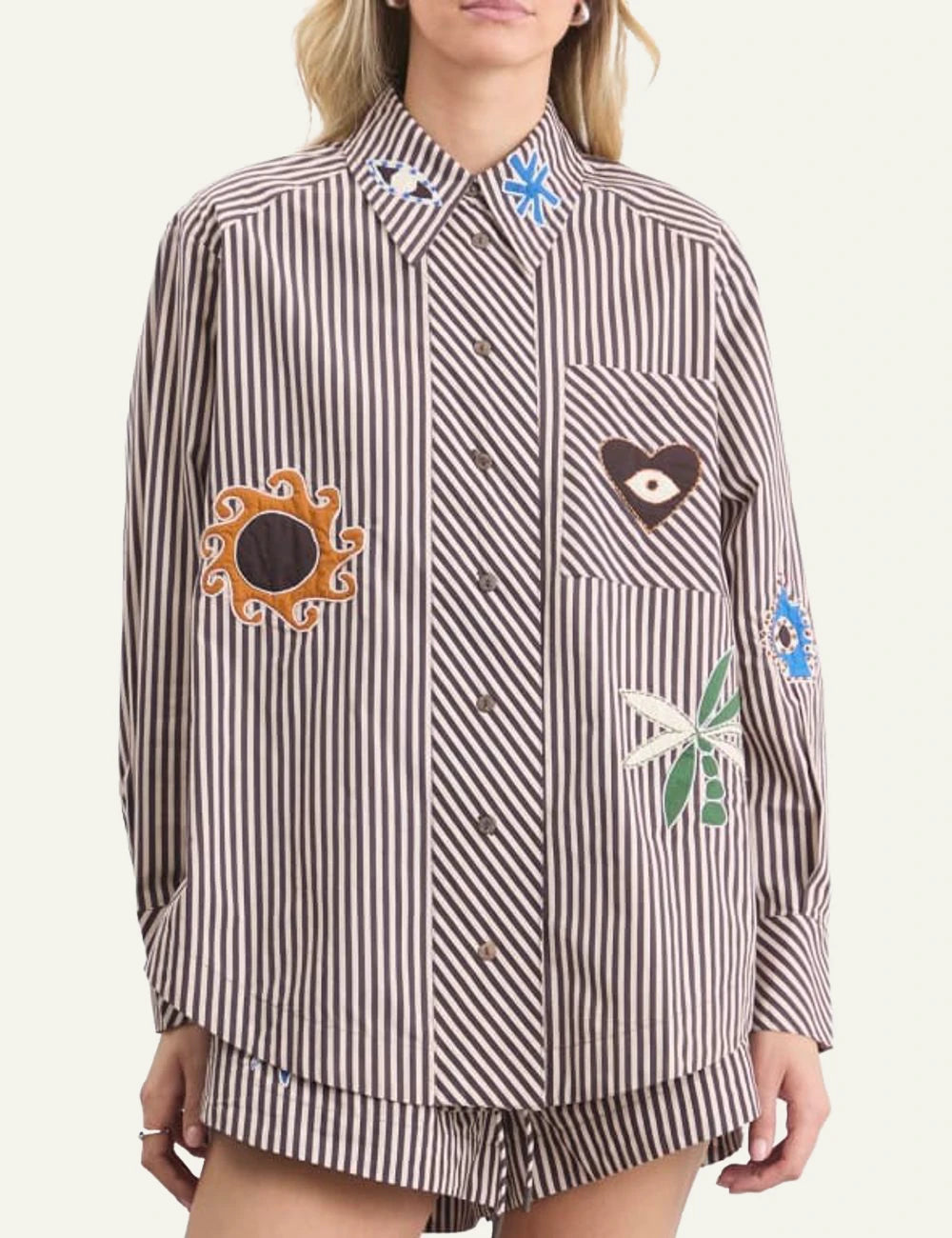 Alemais striped shirt embroidered patches brown white front  model view