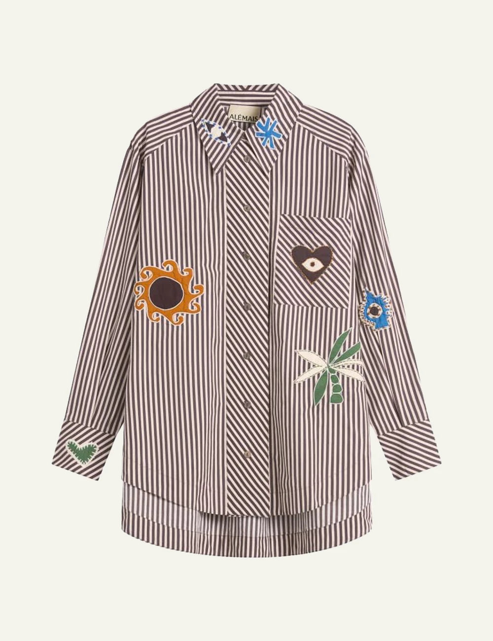 Alemais striped shirt embroidered patches brown white front view
