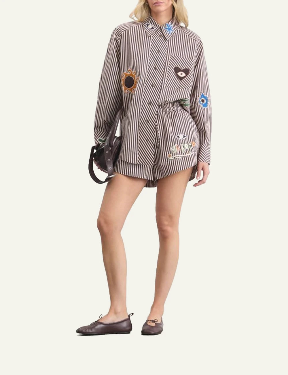 Alemais striped shirt embroidered patches brown white full look view