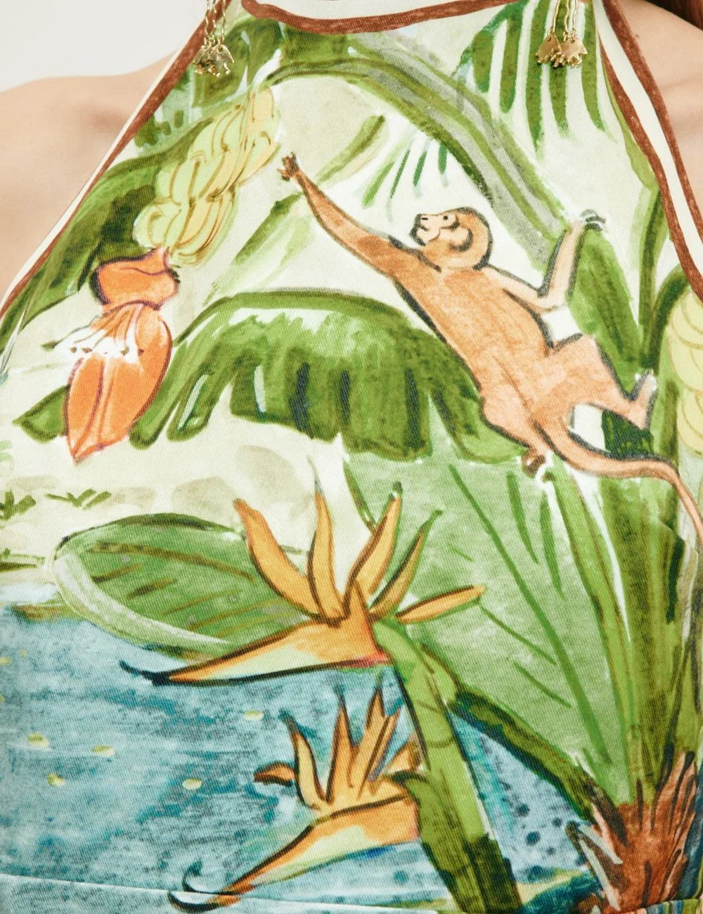 Alemais Toucan Tango halter mini dress organic cotton tropical print detail view