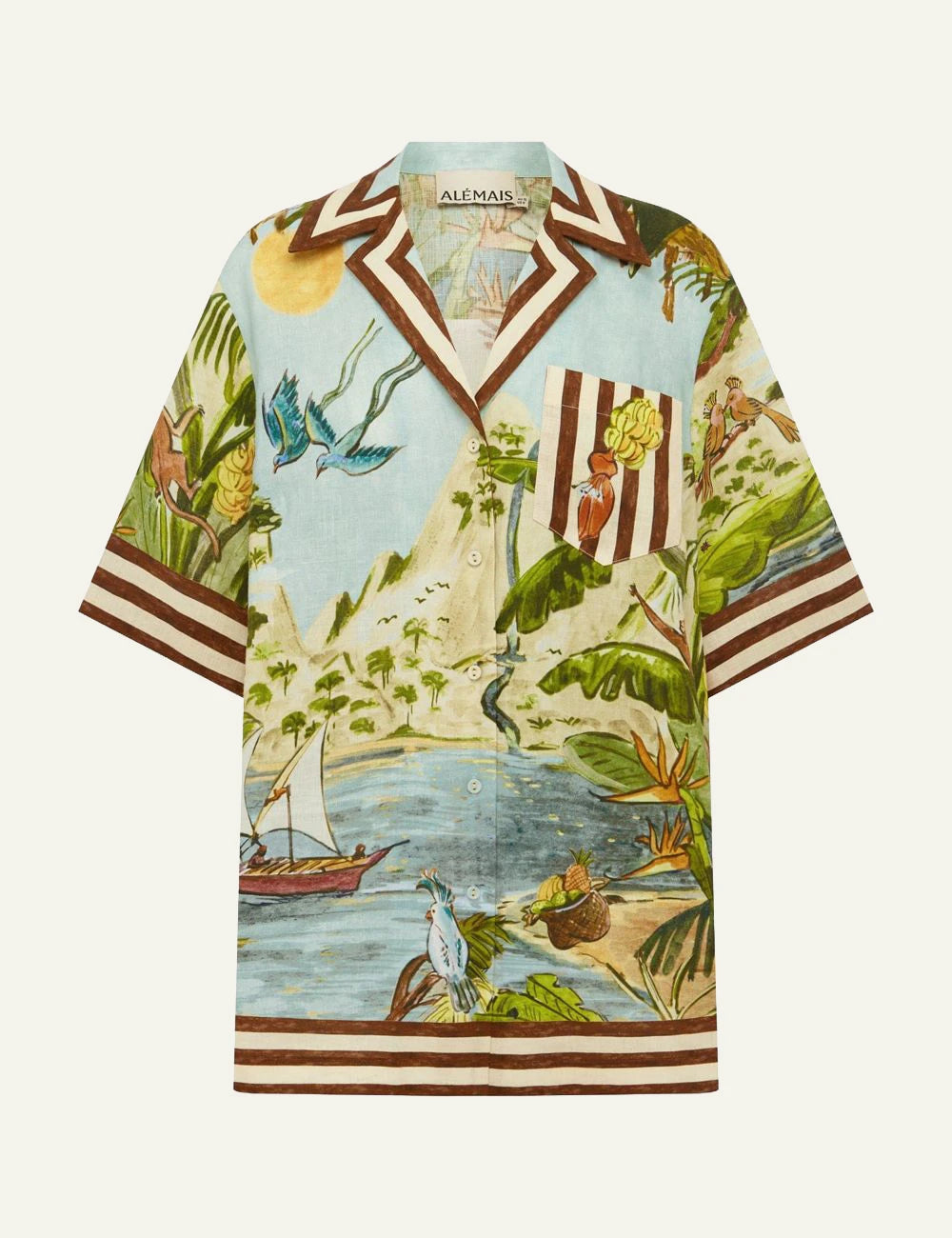 Alemais Toucan Tango poukamiso linen tropical print light blue front flat view