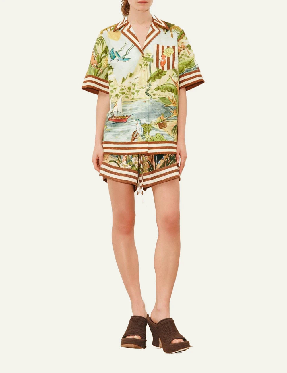 Alemais Toucan Tango poukamiso linen tropical print light blue full model view