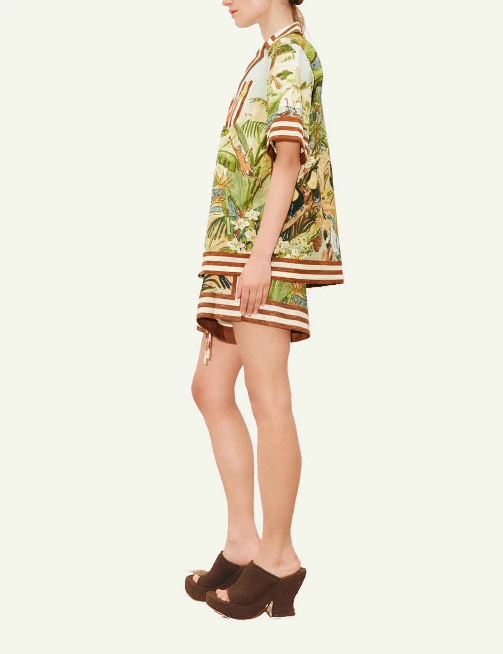 Alemais Toucan Tango poukamiso linen tropical print light blue side model view