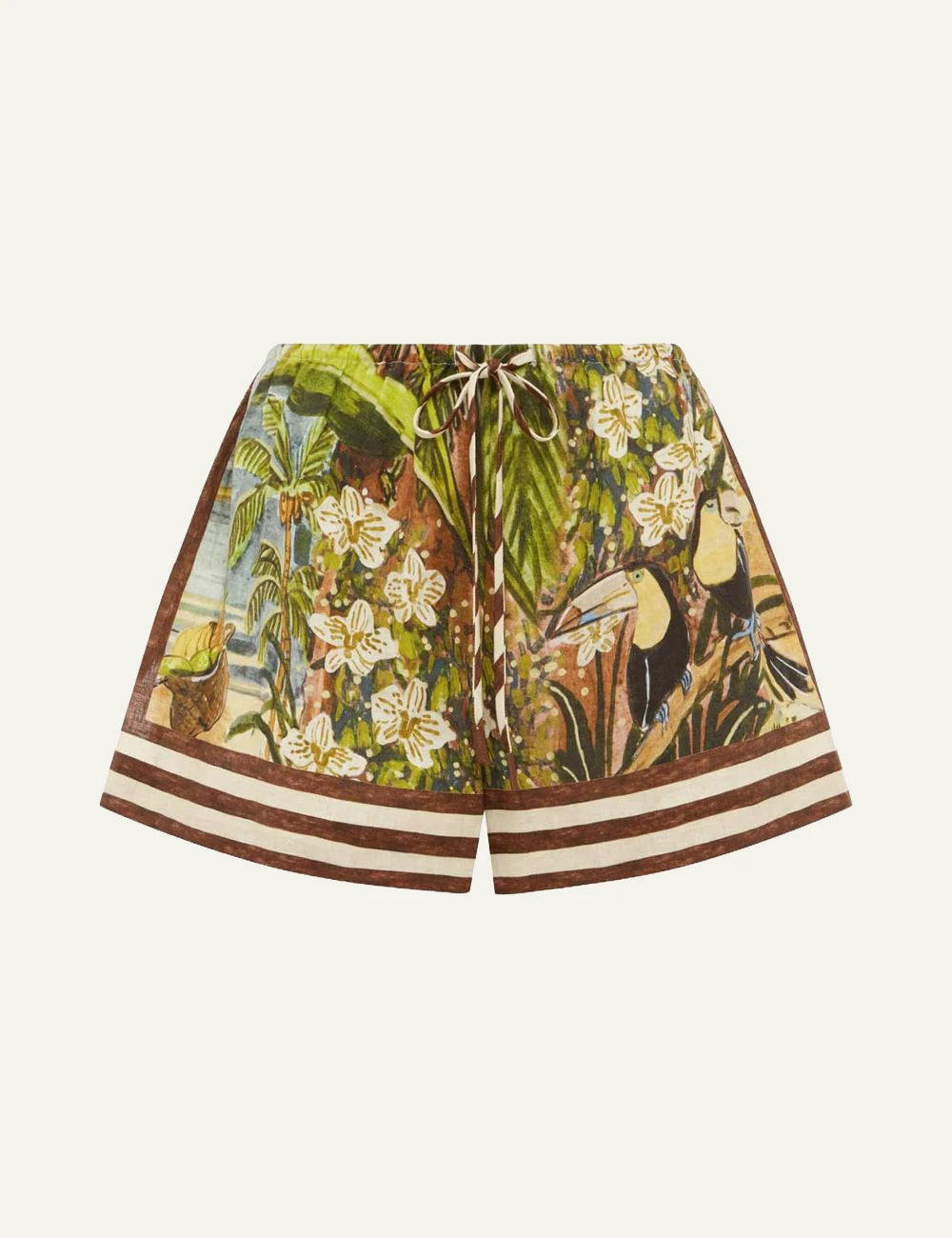 Alemais Toucan Tango shorts linen tropical print front view