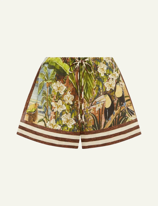 Alemais Toucan Tango shorts linen tropical print front view