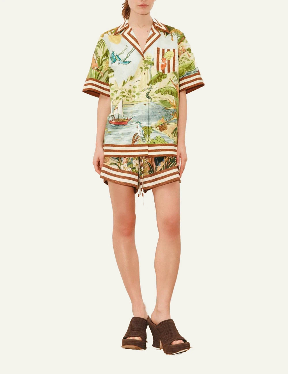 Alemais Toucan Tango shorts linen tropical print front  full body view