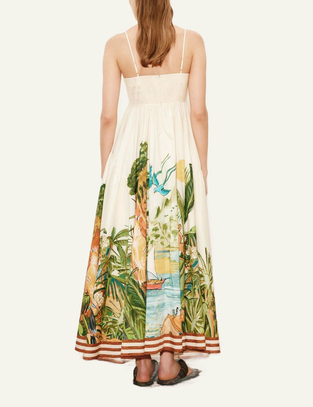 alemais toucan tango midi dress tropical print ivory back view