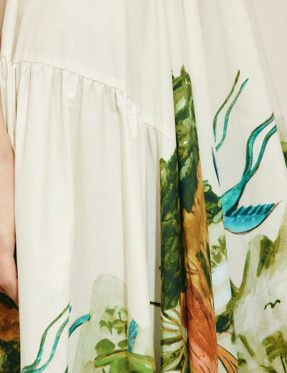 alemais toucan tango midi dress tropical print ivory front detail view