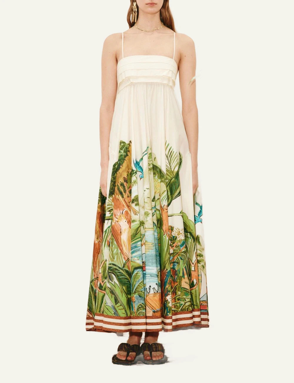 alemais toucan tango midi dress tropical print ivory front full body view