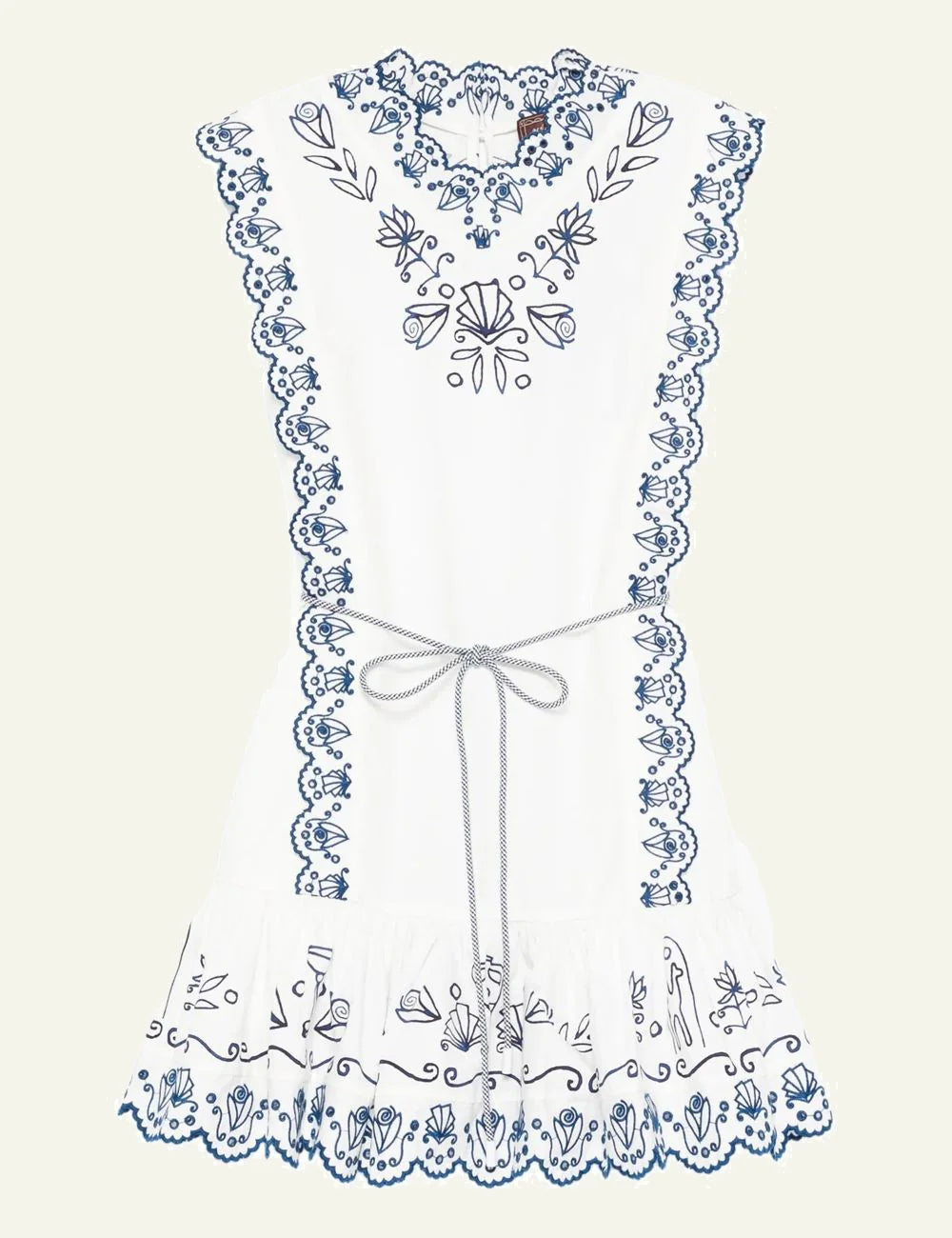 Alemais white mini dress blue embroidery scalloped edges front view