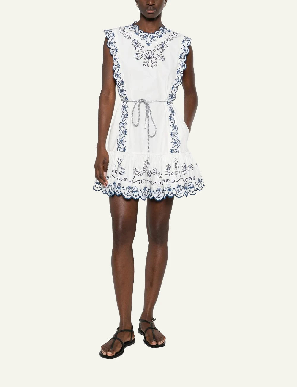 Alemais white mini dress blue embroidery scalloped edges front model view