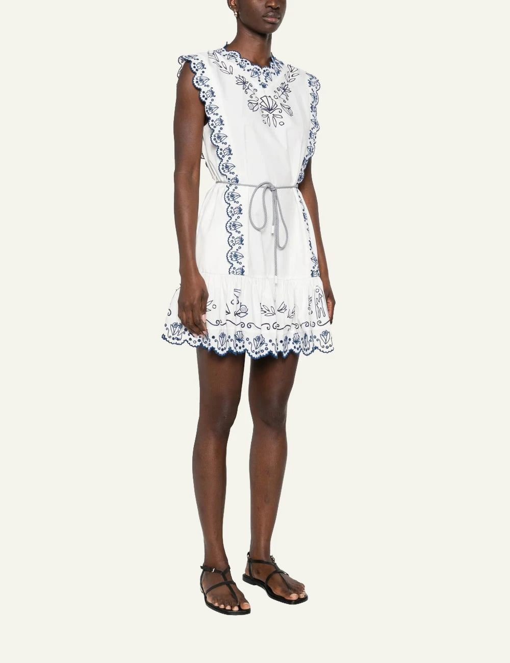 Alemais white mini dress blue embroidery scalloped edges side view