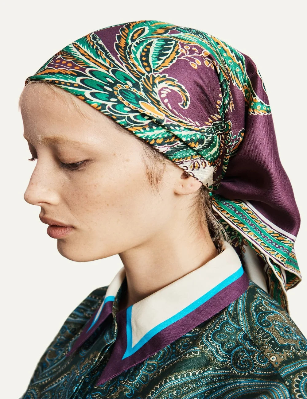 ALEMAIS women burgundy cream silk twill square scarf with floral paisley print profile