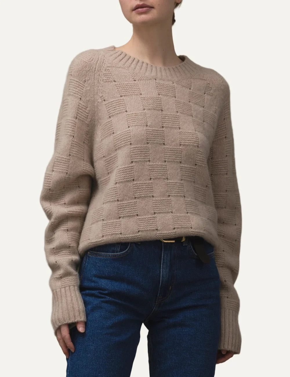 Allude women's beige cashmere and silk knit sweater with textured geometric pattern, crew neck, long sleeves and ribbed trims.