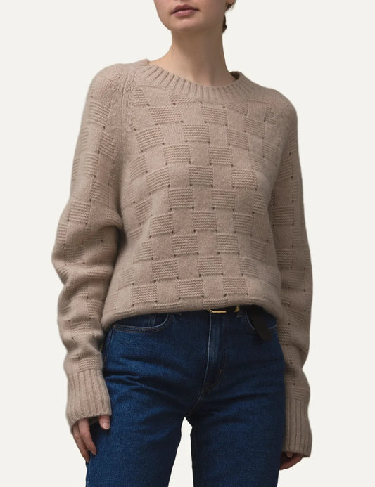 Allude women's beige cashmere and silk knit sweater with textured geometric pattern, crew neck, long sleeves and ribbed trims.