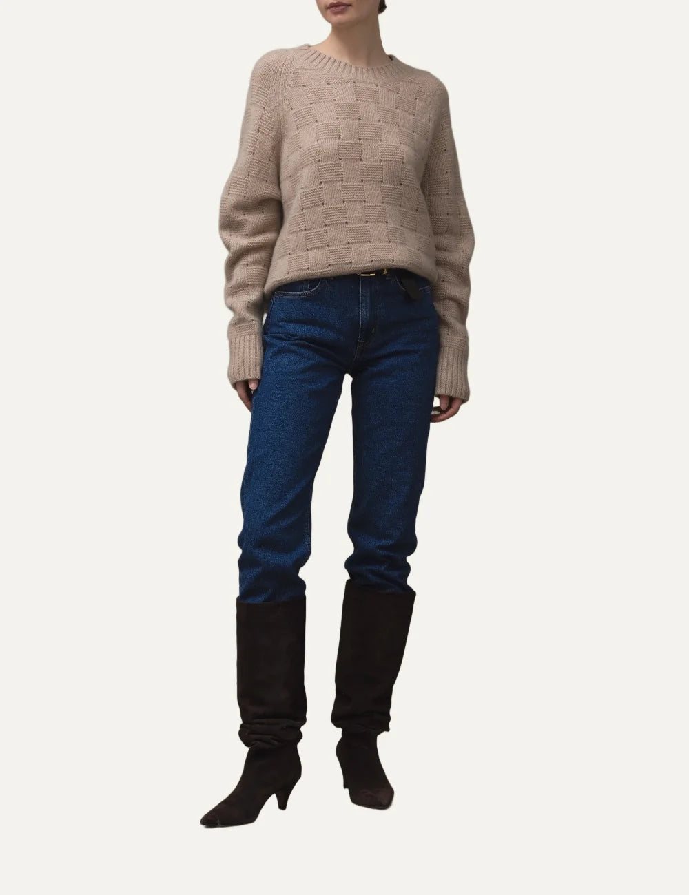 Allude women's beige cashmere and silk knit sweater with textured geometric pattern, crew neck, long sleeves and ribbed trims full body