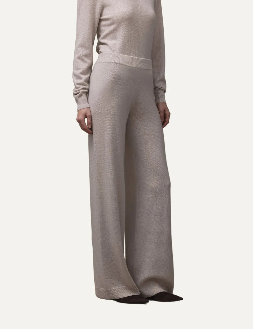 Allude women's beige wool and cashmere knit trousers with wide straight legs, elasticated ribbed waistband and ribbed hems side