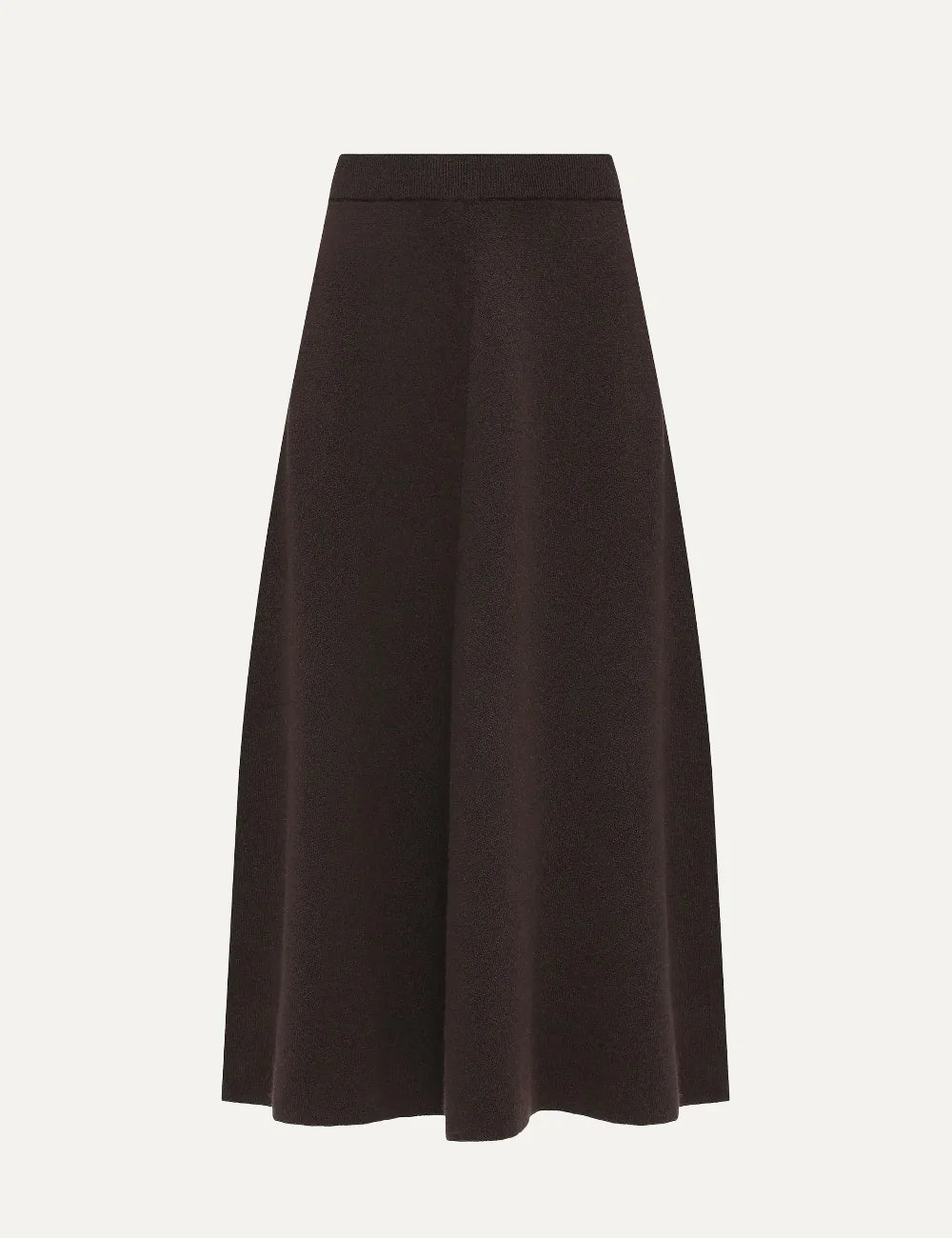 Allude women's dark brown wool and cashmere midi knit skirt with an A-line silhouette and ribbed waistband.