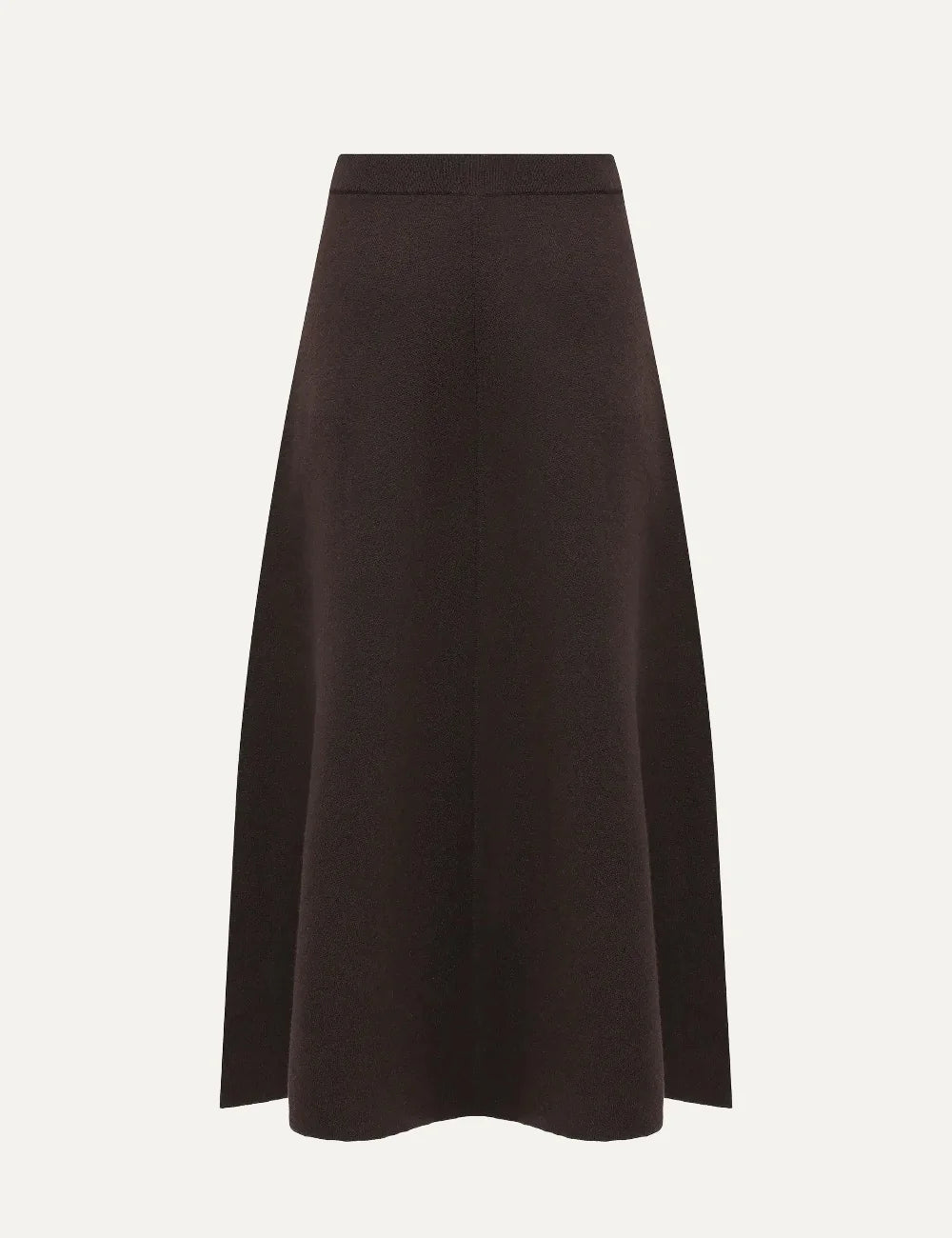Allude women's dark brown wool and cashmere midi knit skirt with an A-line silhouette and ribbed waistband back