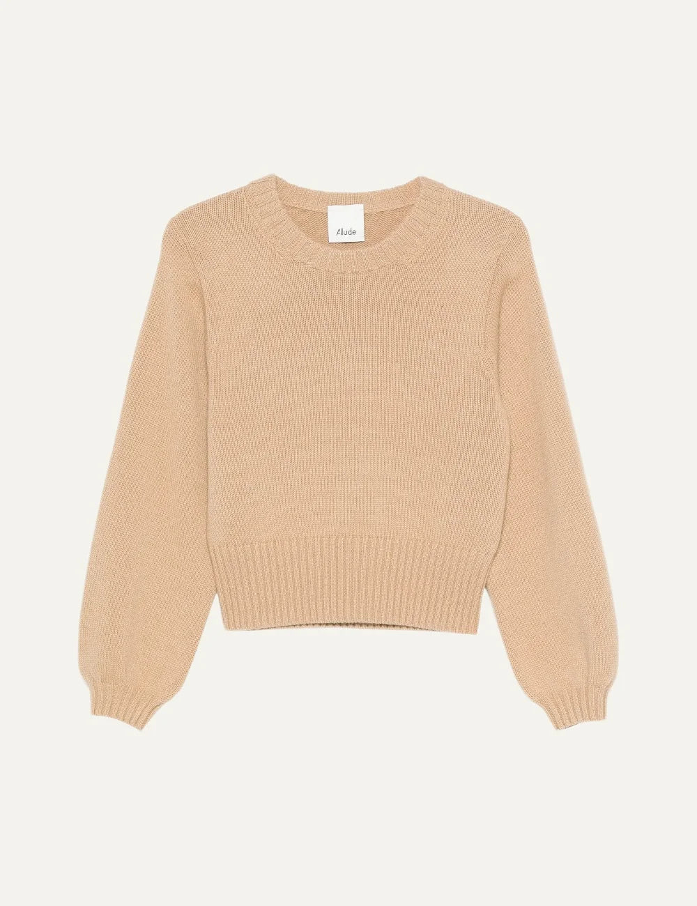 Allude women's light beige cropped knit sweater with crew neck, long slightly puffed sleeves and ribbed trims.