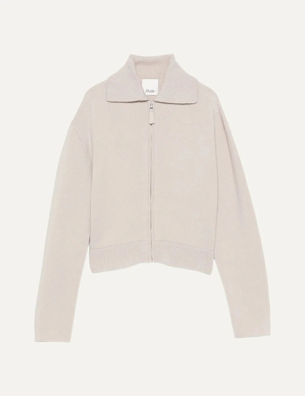Allude women's light beige wool and cashmere knit cardigan with ribbed collar, front zip closure and long sleeves.