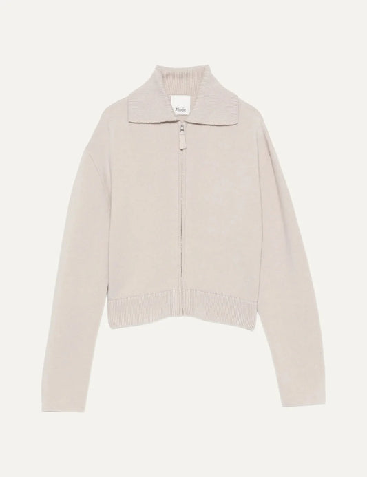Allude women's light beige wool and cashmere knit cardigan with ribbed collar, front zip closure and long sleeves.
