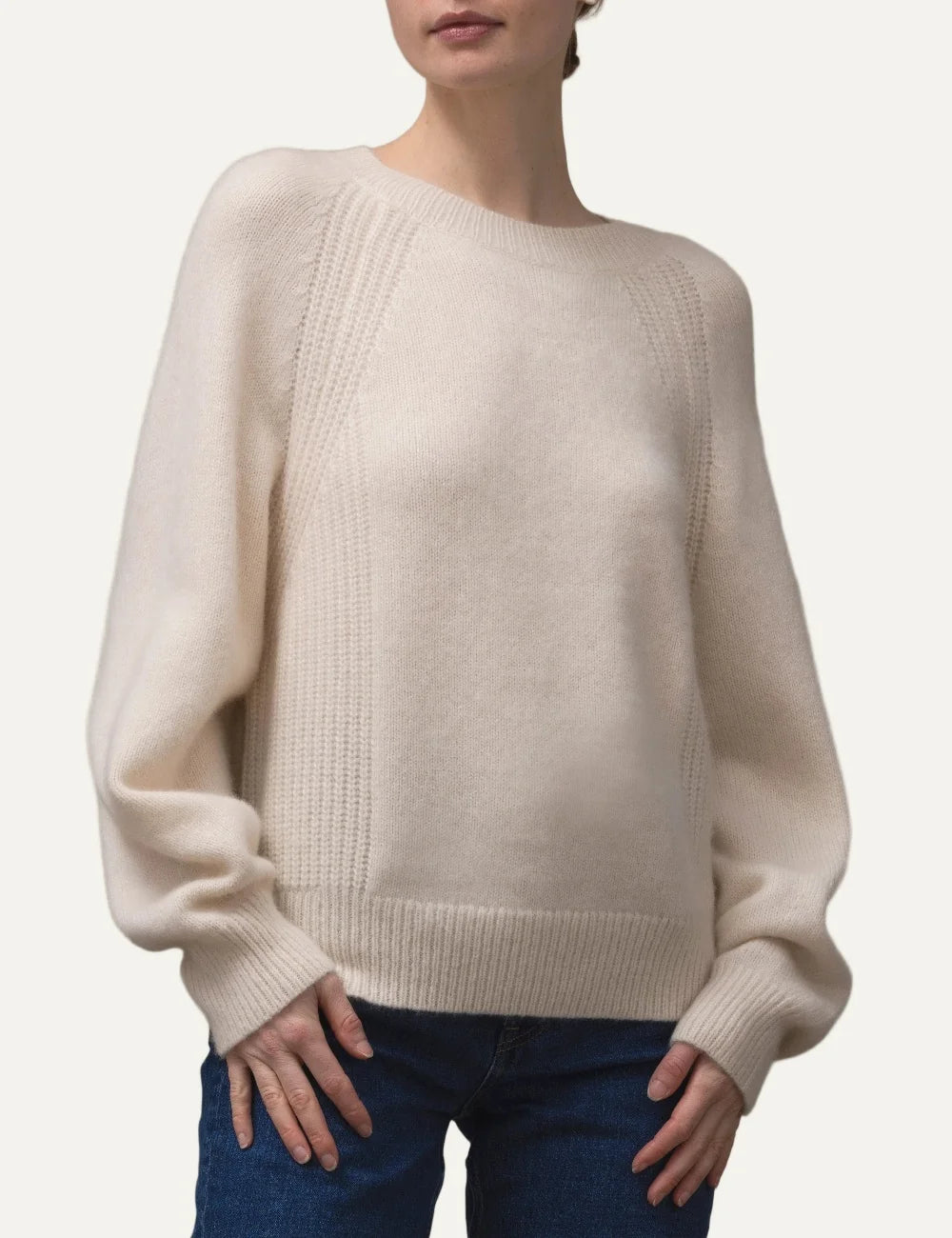 Allude women's white cashmere and silk knit sweater with textured side panels, raglan sleeves, crew neck and ribbed trims.