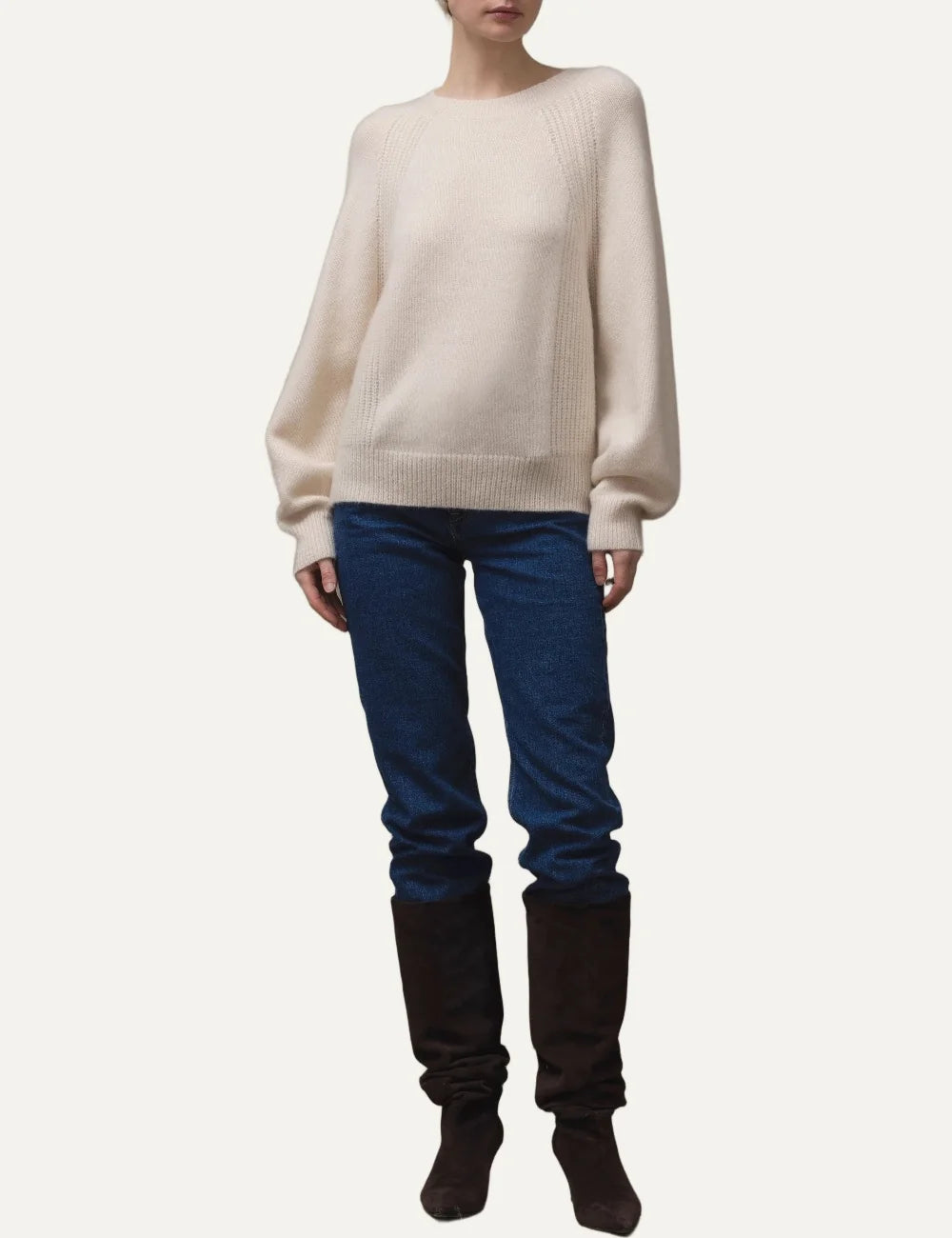 Allude women's white cashmere and silk knit sweater with textured side panels, raglan sleeves, crew neck and ribbed trims full body