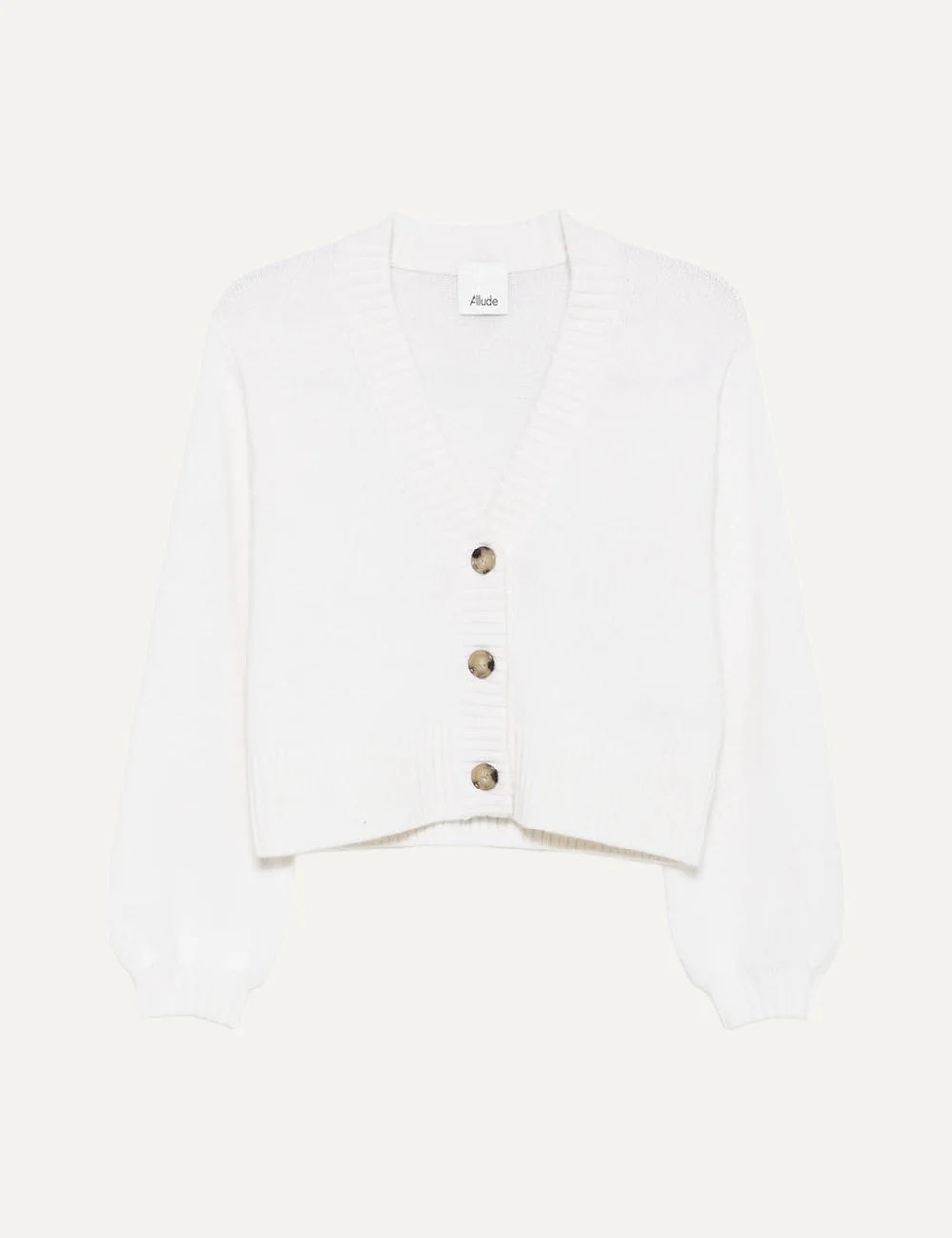 Allude women's white cashmere cropped cardigan with V-neck, three front buttons, puffed sleeves and ribbed trims.