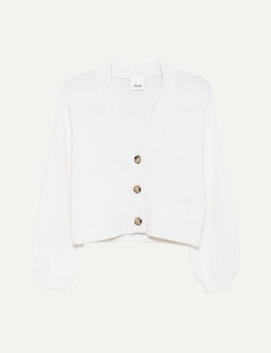 Allude women's white cashmere cropped cardigan with V-neck, three front buttons, puffed sleeves and ribbed trims.