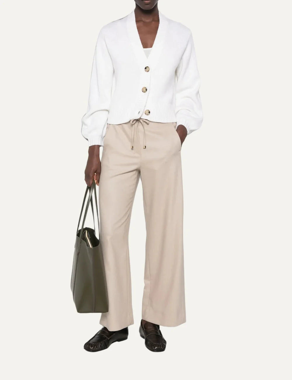 Allude women's white cashmere cropped cardigan with V-neck, three front buttons, puffed sleeves and ribbed trims full body