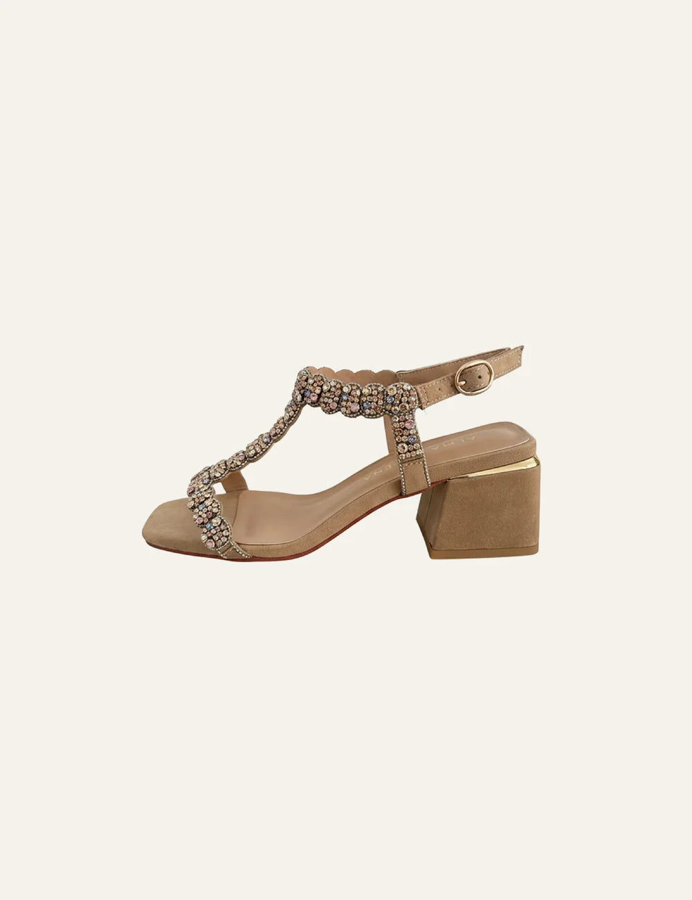 alma en pena beige rhinestone t bar sandals block heel profile