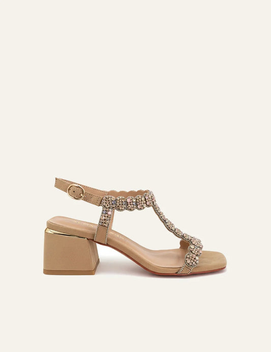 alma en pena beige rhinestone t bar sandals block heel side view