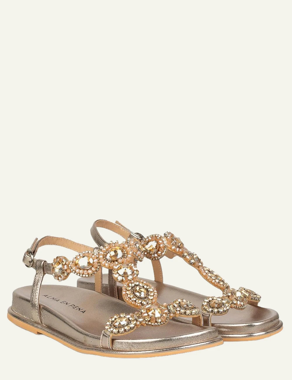 Alma en Pena flat sandal gold strass crystals angled view