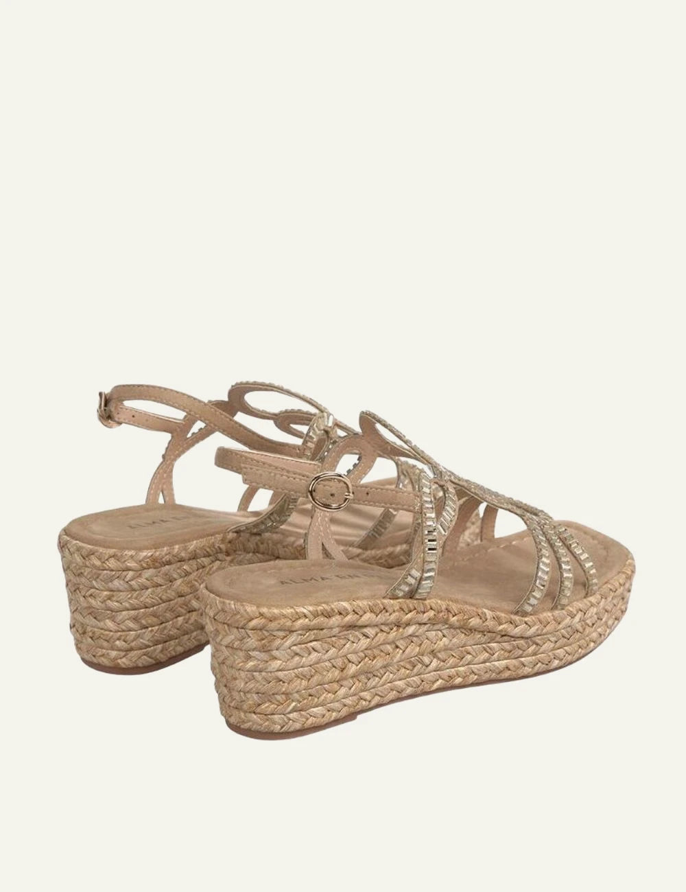 alma en pena platform sandal gold strass raffia back view