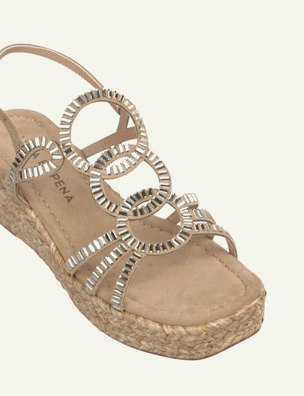 alma en pena platform sandal gold strass raffia angled view