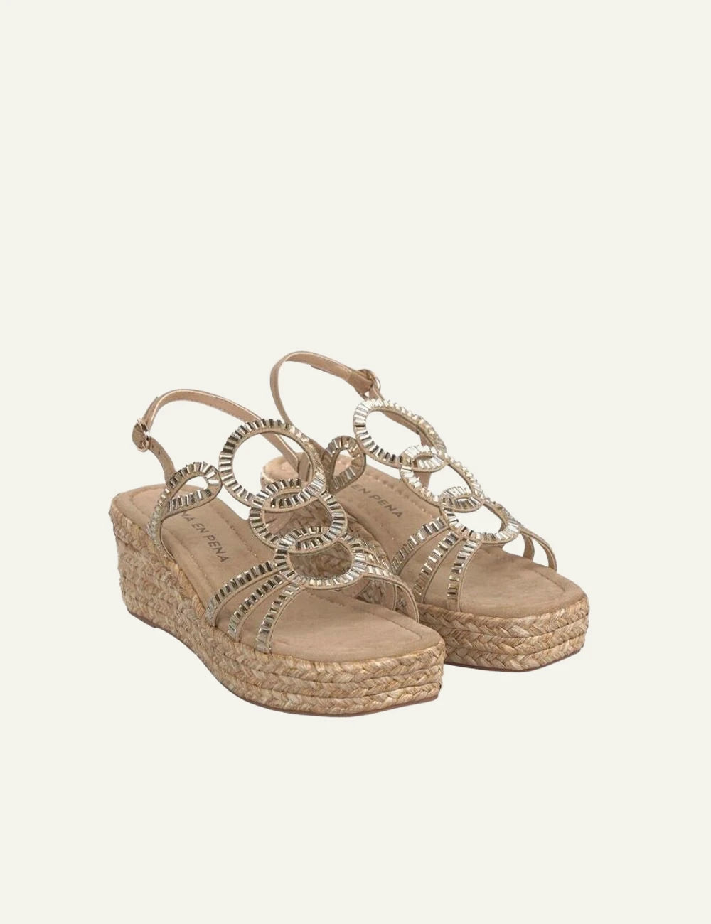 alma en pena platform sandal gold strass raffia angled view
