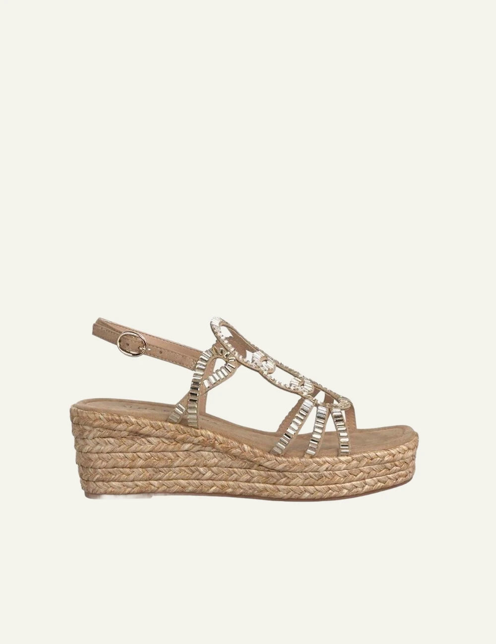 alma en pena platform sandal gold strass raffia side view