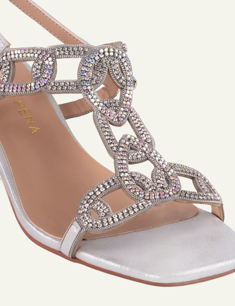 Alma En Pena silver heeled sandals strass detail evening style angled view