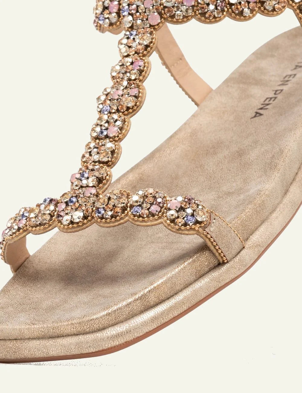 Alma en Pena T-bar sandal gold multicolor strass detail view