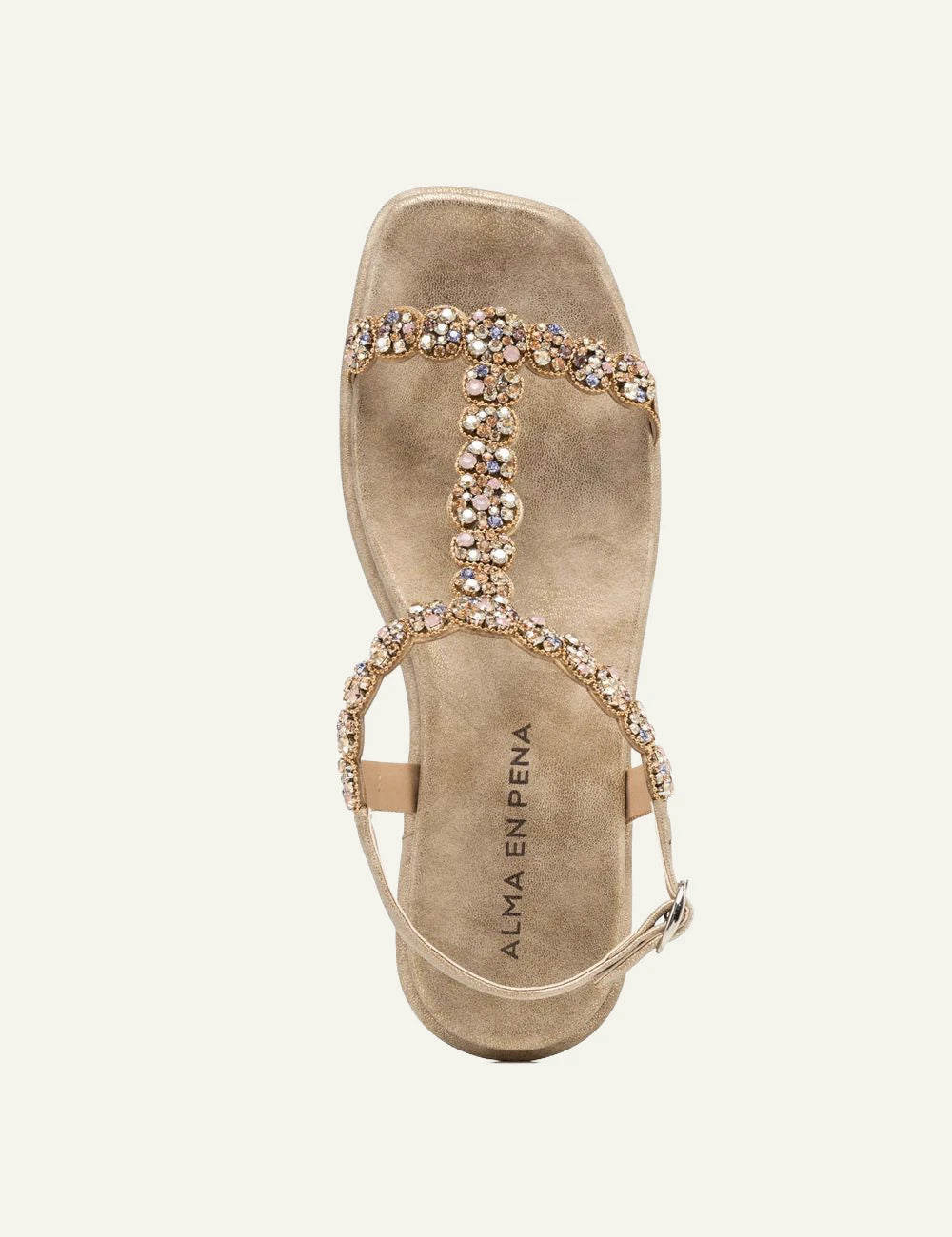Alma en Pena T-bar sandal gold multicolor strass top view