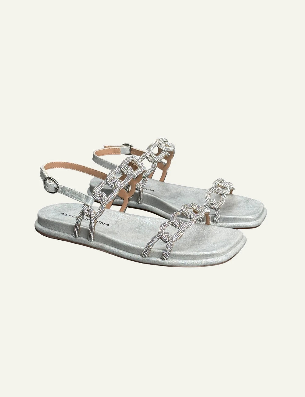 Alma En Pena silver flat sandals strass chain straps ankle buckle profile view