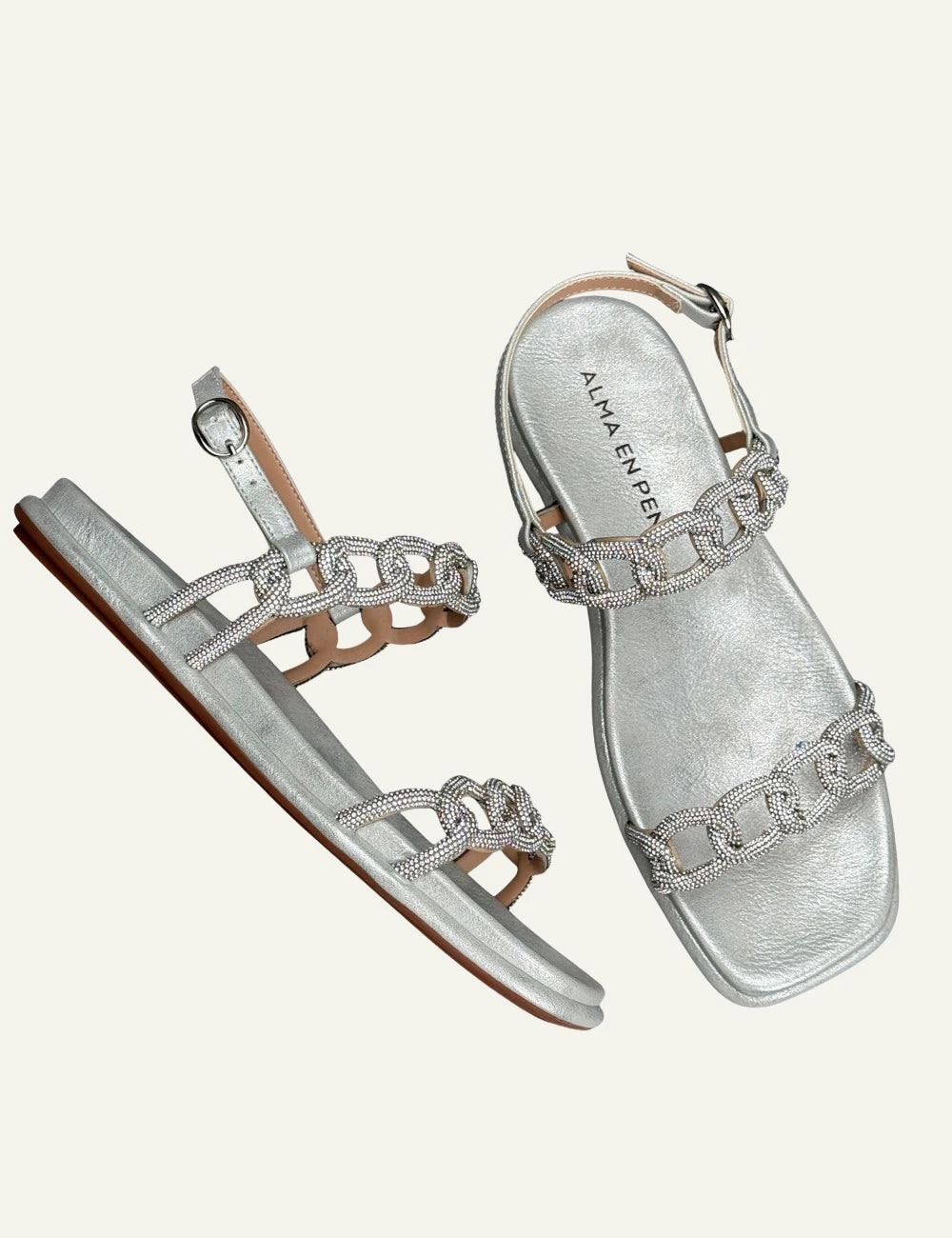 Alma En Pena silver flat sandals strass chain straps ankle buckle top view