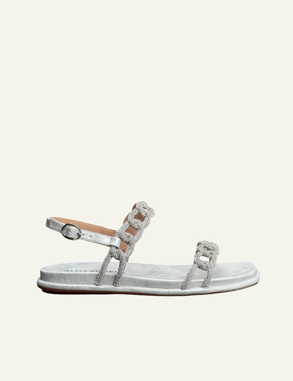 Alma En Pena silver flat sandals strass chain straps ankle buckle side view