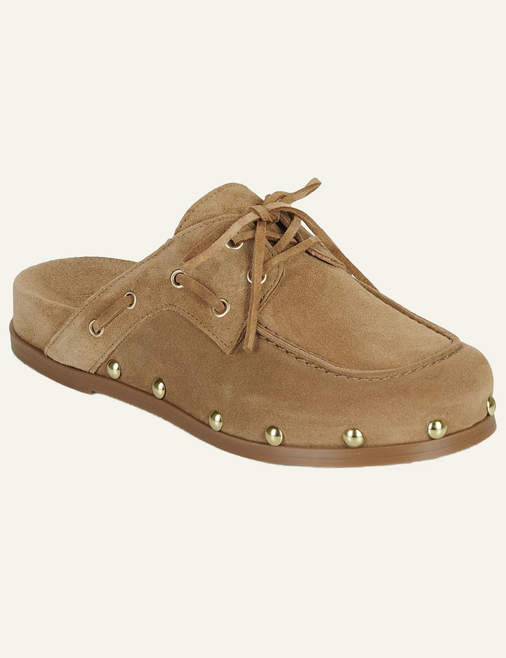 Alpe clogs suede taba lace up studs angled view