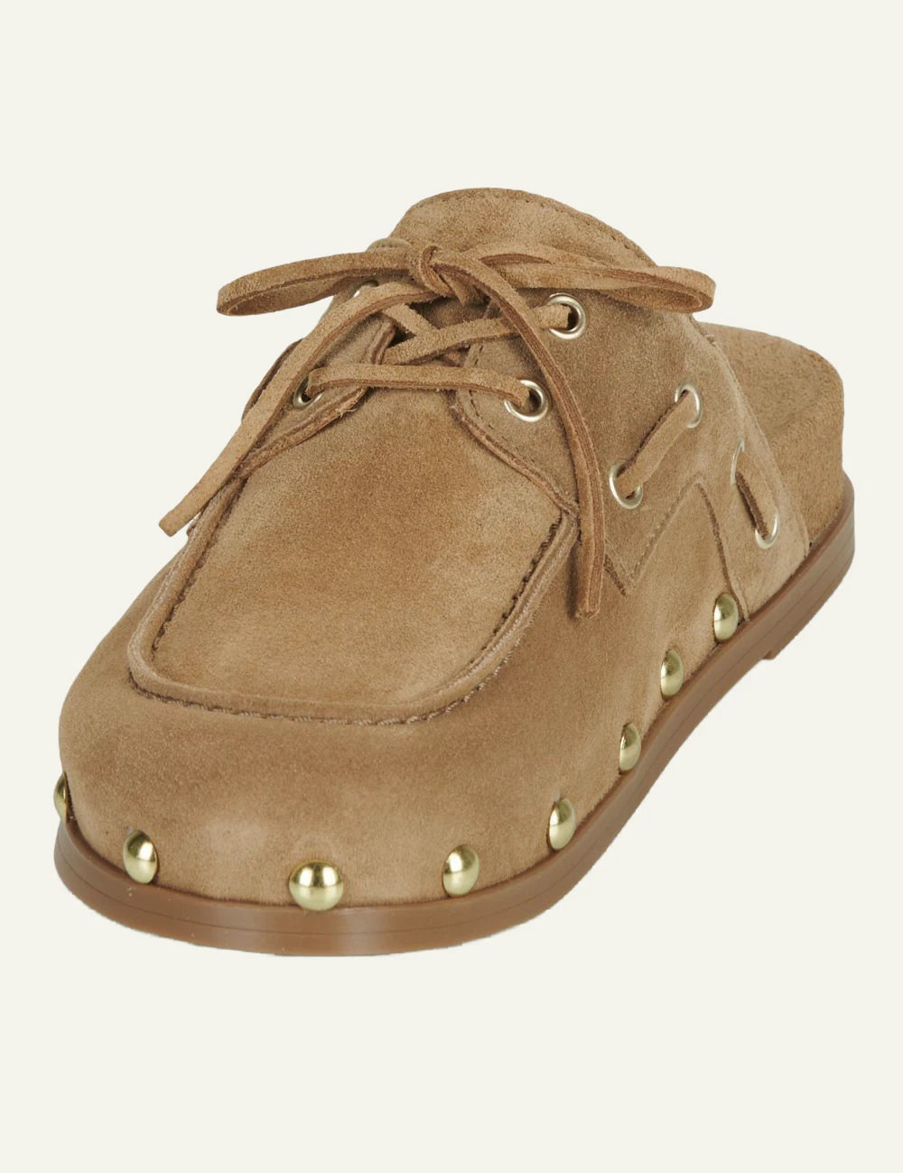 Alpe clogs suede taba lace up studs angled view